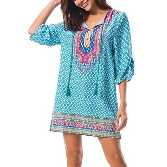 Urban Coco Blue & White Printed Boho V-Neck Half Sleeve Dress L - Picture 1 of 9
